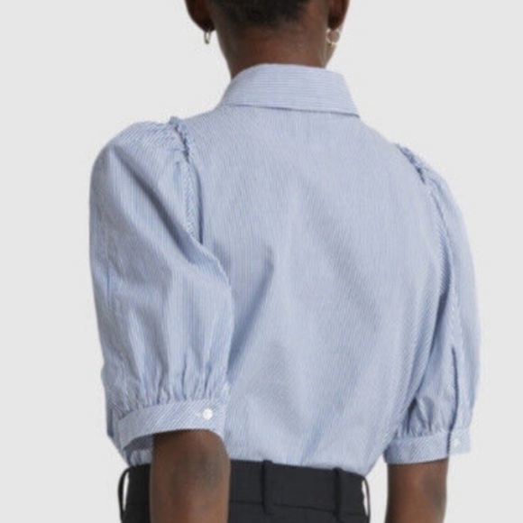 G. Label by Goop Nicole Puff Sleeve Button Down Blue White Stripe Blouse Size 10 - Picture 6 of 10